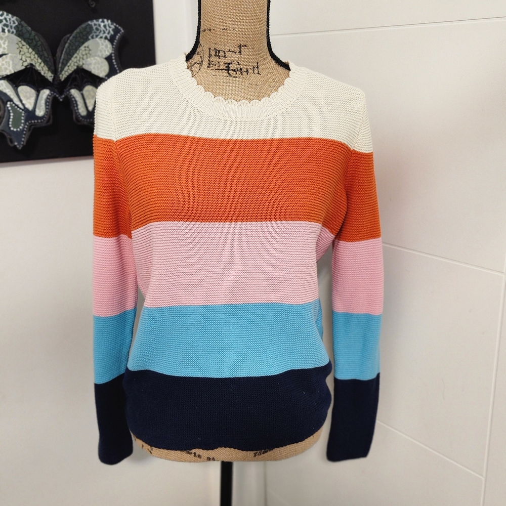 LOFT Striped Crewneck Sweater in White, Orange, Pink, Light Blue & Navy